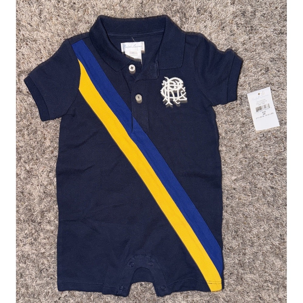 Ralph Lauren 9 Month Romper Navy Blue Yellow Royal Diagonal Stripe